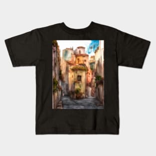 narrow street with colorful houses and children Kids T-Shirt